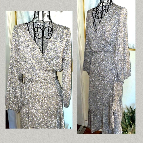 SUPREME FASHION "KHAKI" FLORAL PRINT WRAP DRESS W/RUFFLE DETAILING~MISSES LARGE - Picture 5 of 5
